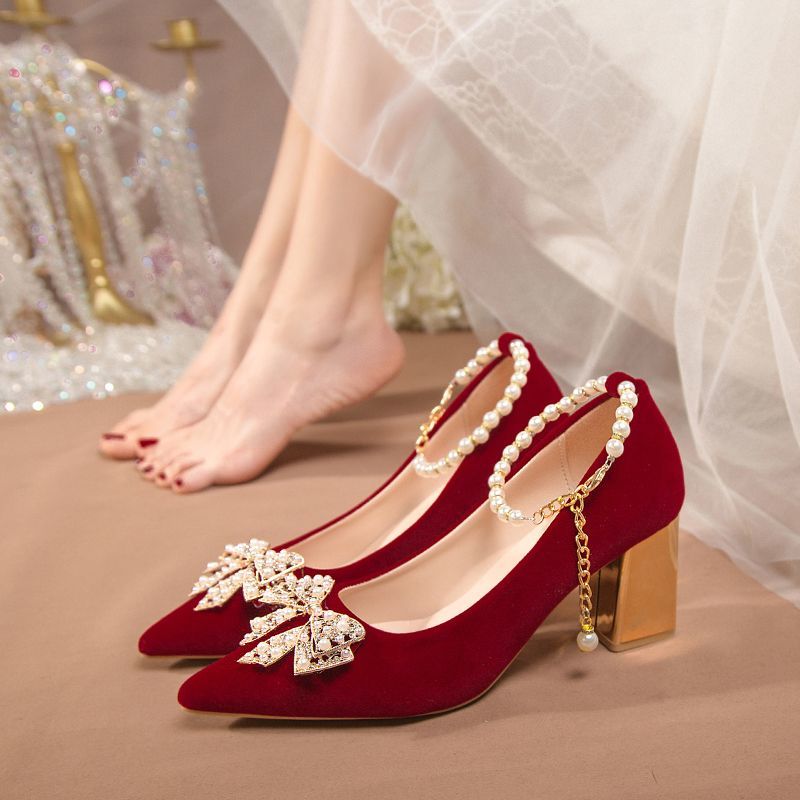 秀禾服結婚鞋2023新款不累腳婚紗兩穿粗跟高跟鞋中式孕婦新娘鞋子