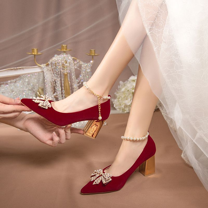 秀禾服结婚鞋新款不累脚婚纱两穿粗跟高跟鞋中式孕妇新娘鞋子