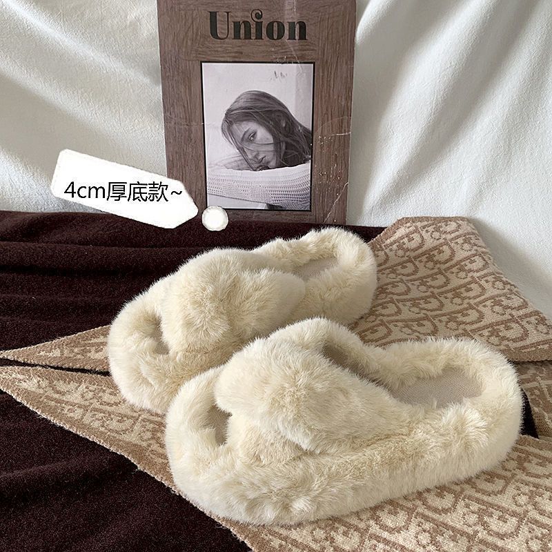 Thick-soled cross-strap furry slippers for women's autumn and winter outer wear 2023 new sponge cake thick-soled increased soft-soled household cotton slippers