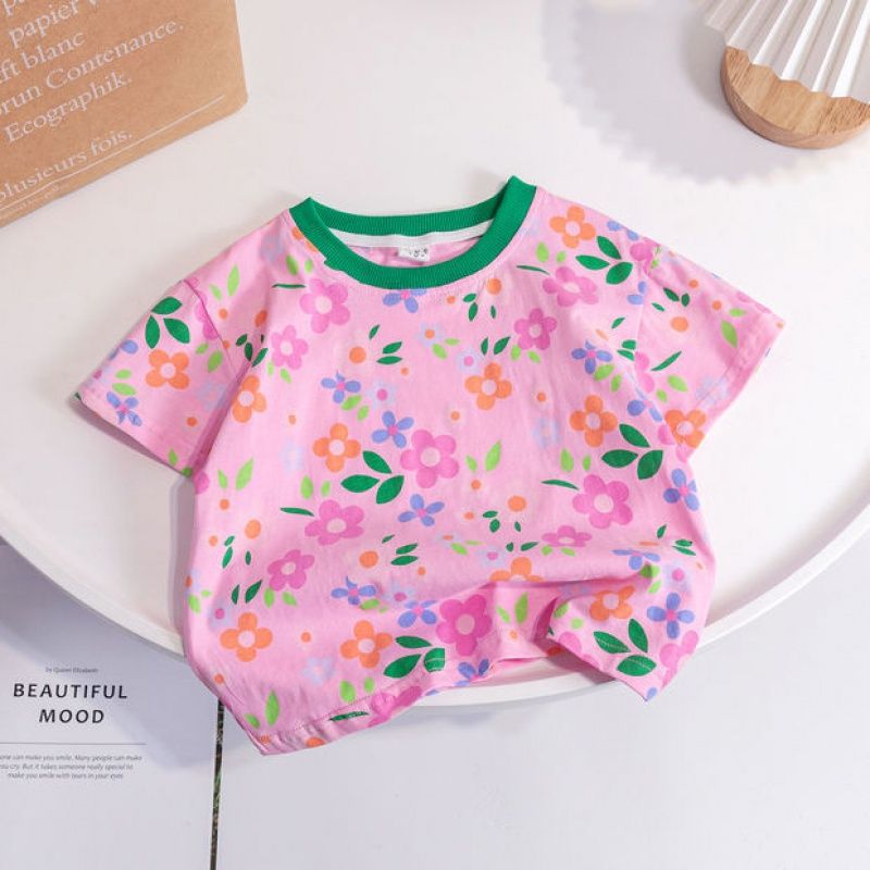 100% cotton children's boys and girls 2023 summer new tie-dye floral quick-drying breathable short-sleeved T-shirt top
