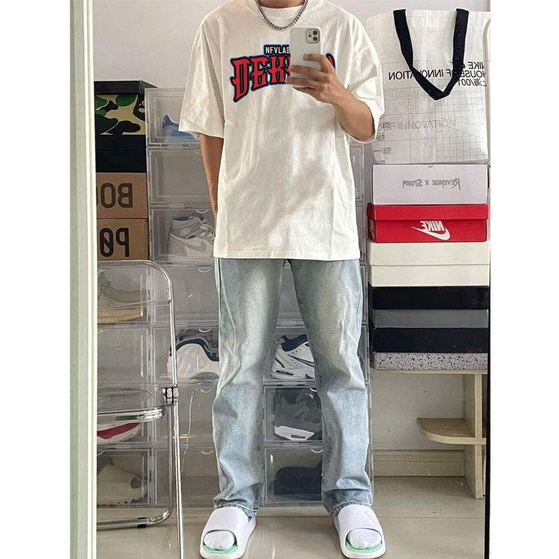100%純棉美式高街個性字母印花短袖t恤男夏季潮牌設計感寬鬆上衣