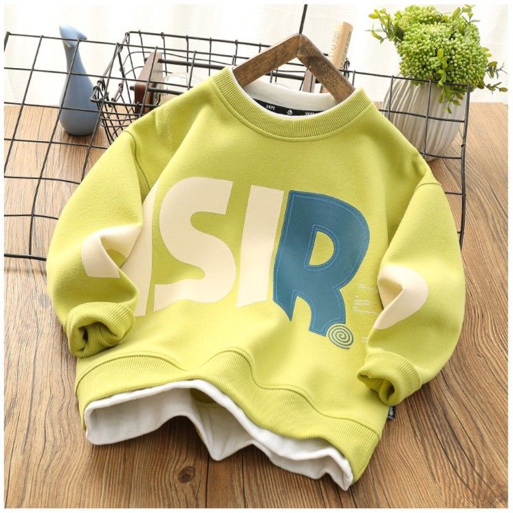 Boys fake two-piece sweater loose children's clothing  spring and autumn new children's round neck shirt long-sleeved sports print top