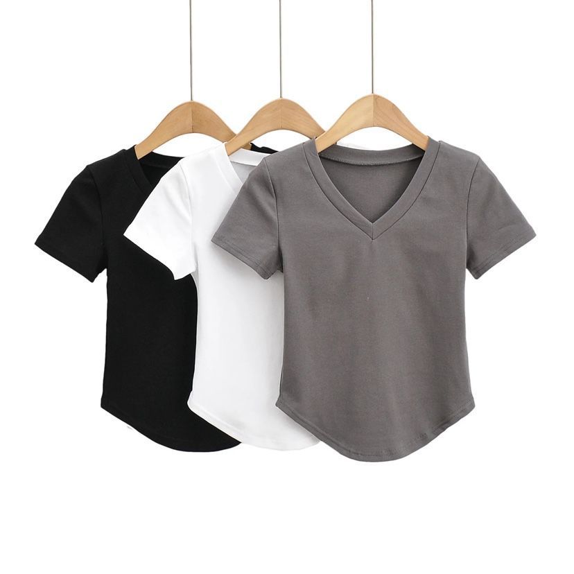 French irregular black short-sleeved t-shirt women's bottoming shirt V-neck slim-fit low-neck inner sweet cool hot girl short top