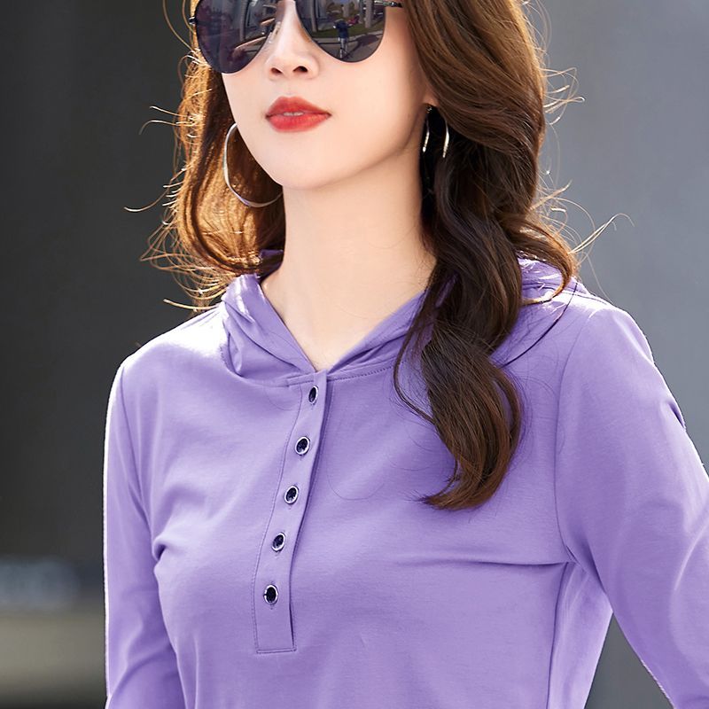 Hooded top women's long-sleeved spring and autumn new self-cultivation inner wear solid color foreign style hooded T-shirt outer wear button hoodie