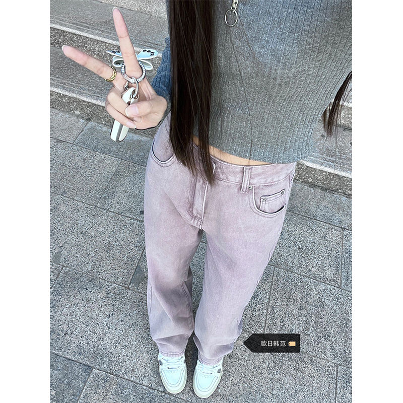 大碼做舊紫色牛仔褲女胖mm春季高腰設計感小眾寬鬆闊腿拖地長褲子