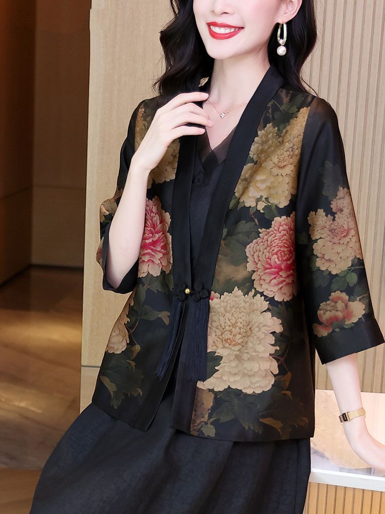Xiangyun yarn silk jacket cardigan women  spring new fashion temperament loose print v-neck top black