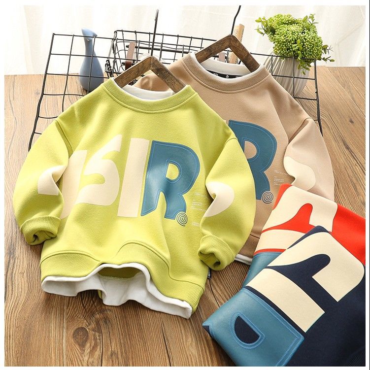 Boys fake two-piece sweater loose children's clothing  spring and autumn new children's round neck shirt long-sleeved sports print top