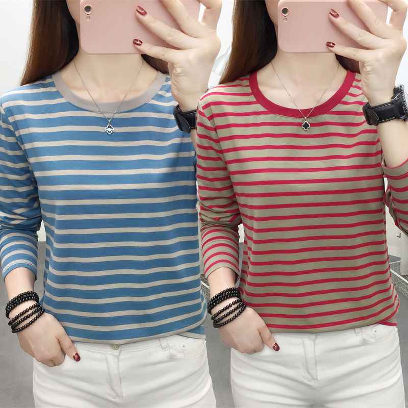 Pure cotton striped long-sleeved t-shirt women's new autumn clothes outerwear mother aunt all-match loose bottoming shirt belly cover top