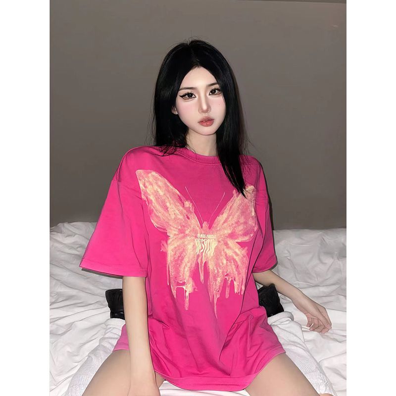 美式復古潮牌蝴蝶印花火龍果色短袖t恤女重磅純棉玫紅色上衣ins潮