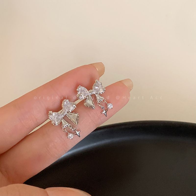 S925银针星光璀璨蝴蝶结锆石耳钉女小众设计感高级时尚气质耳环