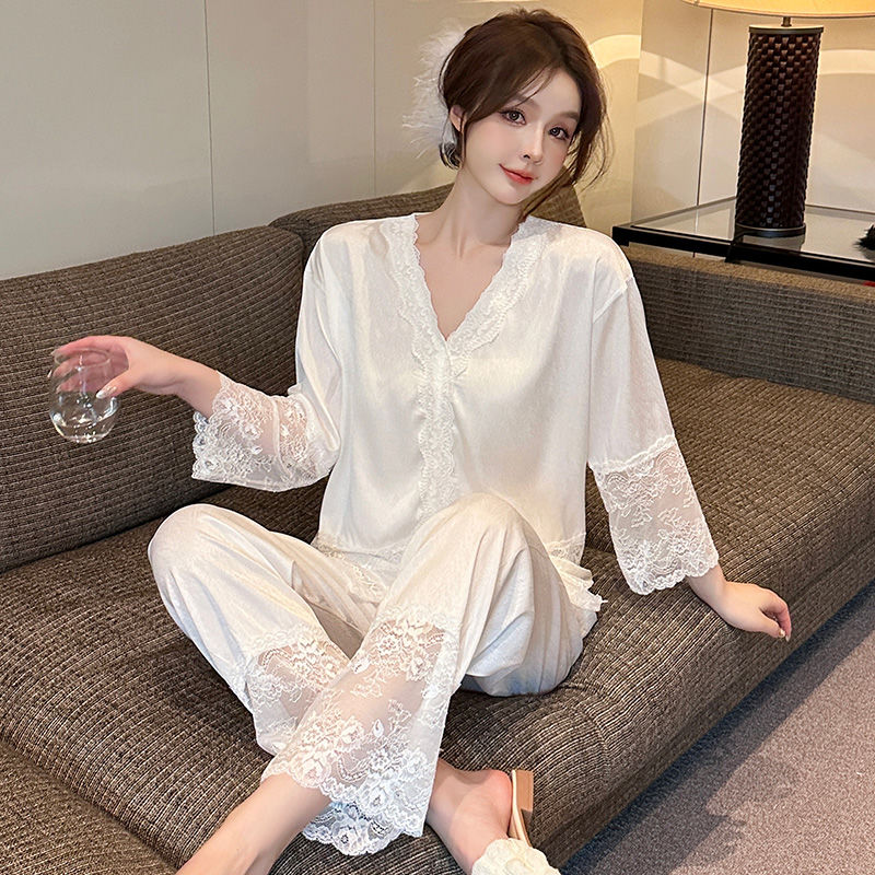 春秋季冰絲睡衣女士2023年新款夏高檔長褲兩件套裝長袖絲綢家居服