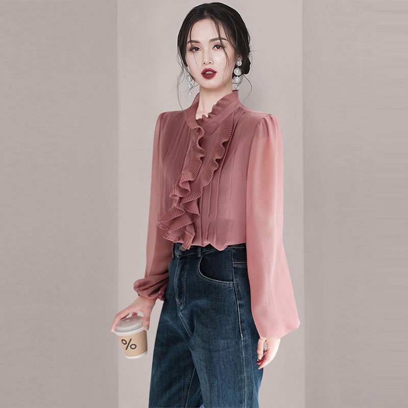 法式洋氣優雅荷葉邊真絲襯衫2023春季新款女裝高級感別致長袖襯衣