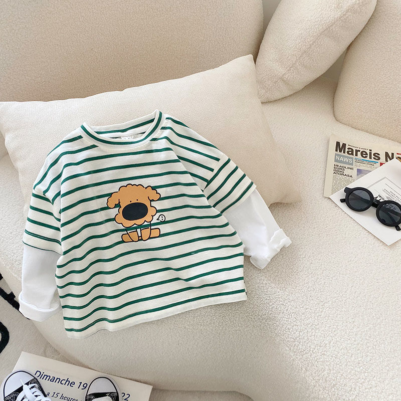 Baby fake two-piece long-sleeved t-shirt spring boys bottoming shirt spring and autumn new baby spring striped top tide