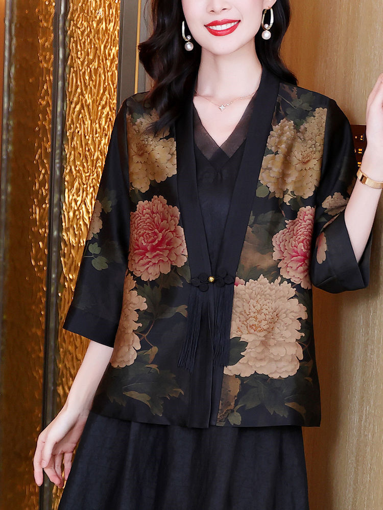 Xiangyun yarn silk jacket cardigan women  spring new fashion temperament loose print v-neck top black