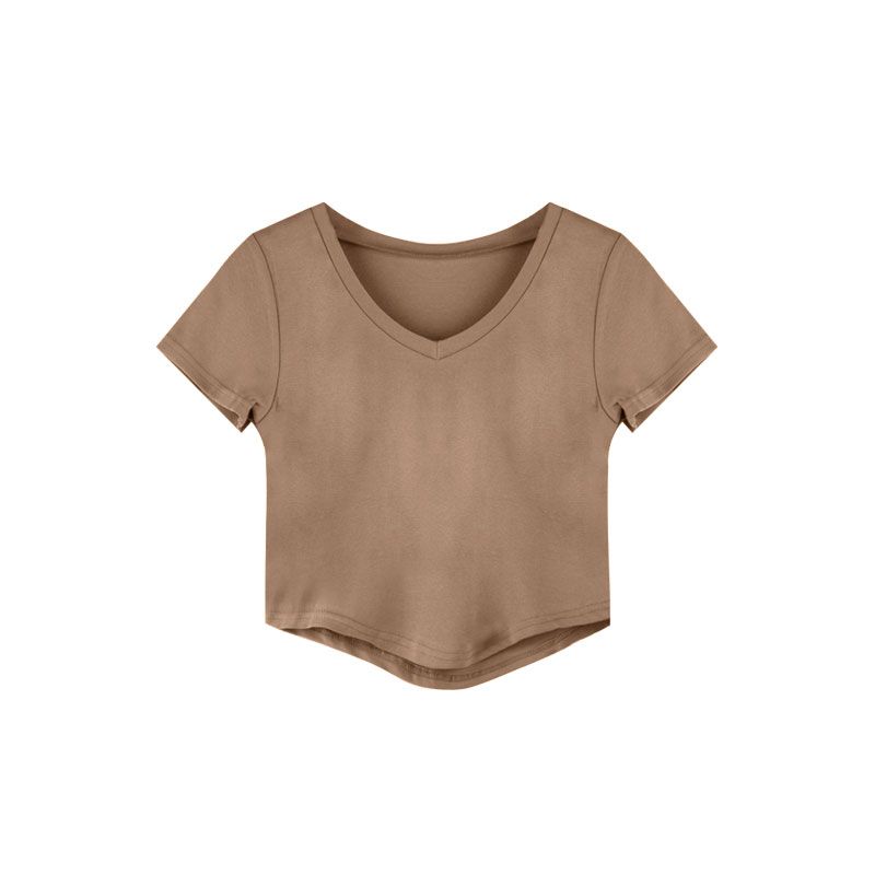 Inst-shirt V-neck short-sleeved T-shirt women's summer U-shaped two-wear slim sweet hot girl short section light gray bottoming top