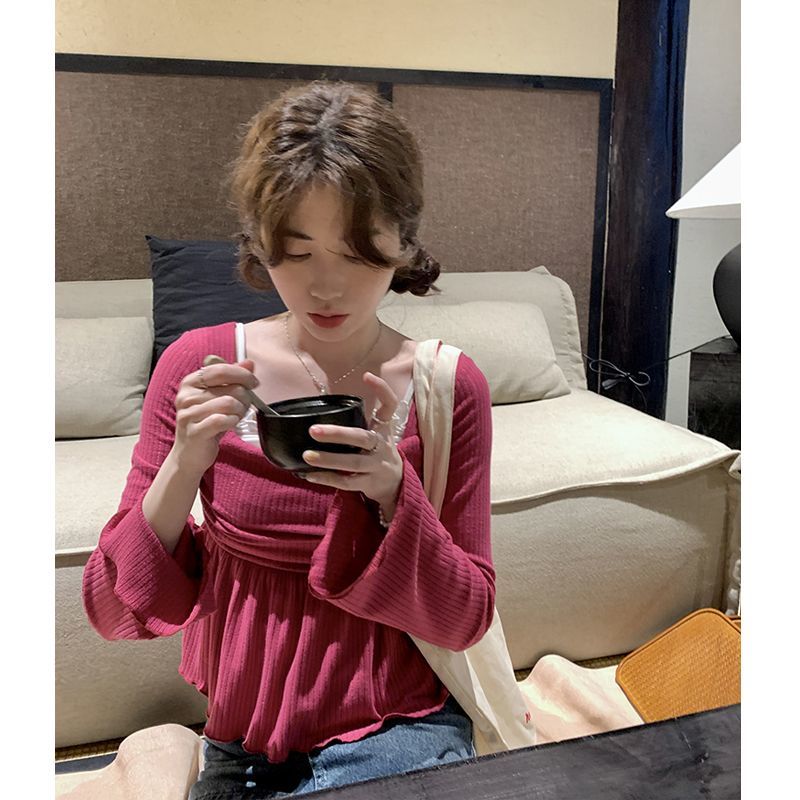 Rose Red Short Square Neck T-shirt Women's Spring New Korean Version Slim Slim Slim Bottom Shirt Slim One-Shoulder Top