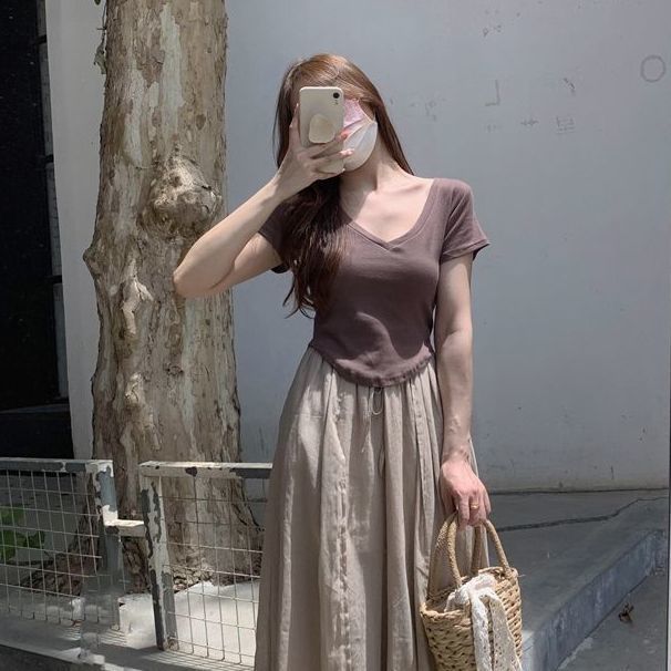 French style A4 waist v-neck large swing hem short-sleeved inst shirt short female summer western style regular temperament short top