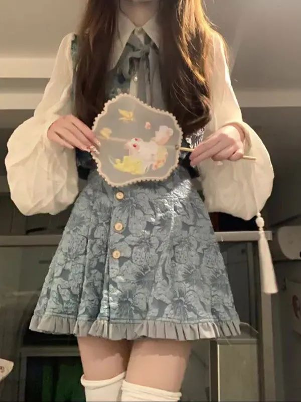 三件套裝漢元素提花小眾設計感花色馬甲半身裙日常外穿燈籠袖襯衫