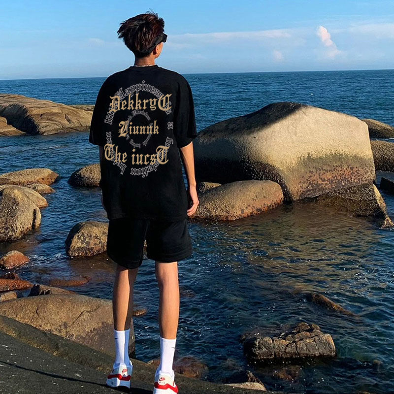 美式復古ins高街短袖t恤男夏季新款hiphop潮牌寬鬆設計感半袖體恤