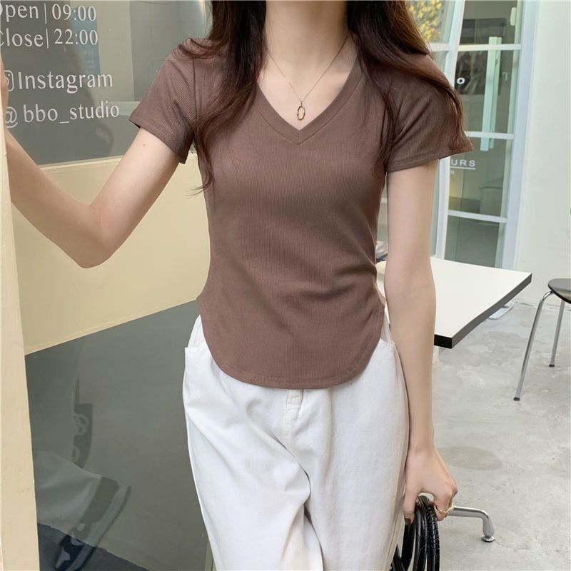 American style positive shoulder t-shirt women's summer sweet and spicy half-sleeved early spring new v-neck self-cultivation short short short shirt short version ins