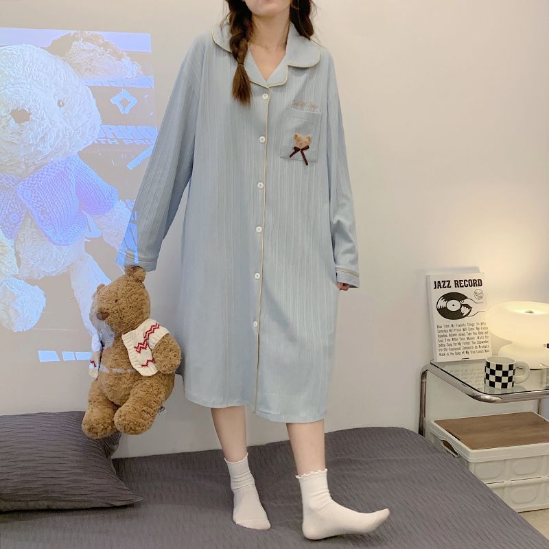 Nightdress pajamas women's spring and autumn summer cotton long-sleeved 2023 new cardigan cute students winter home can be worn outside