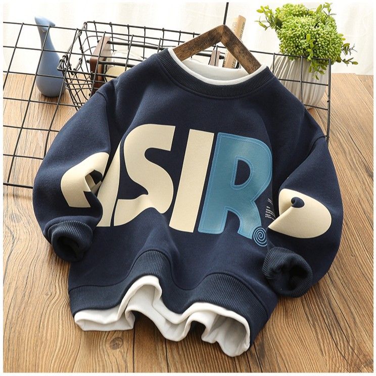 Boys fake two-piece sweater loose children's clothing  spring and autumn new children's round neck shirt long-sleeved sports print top