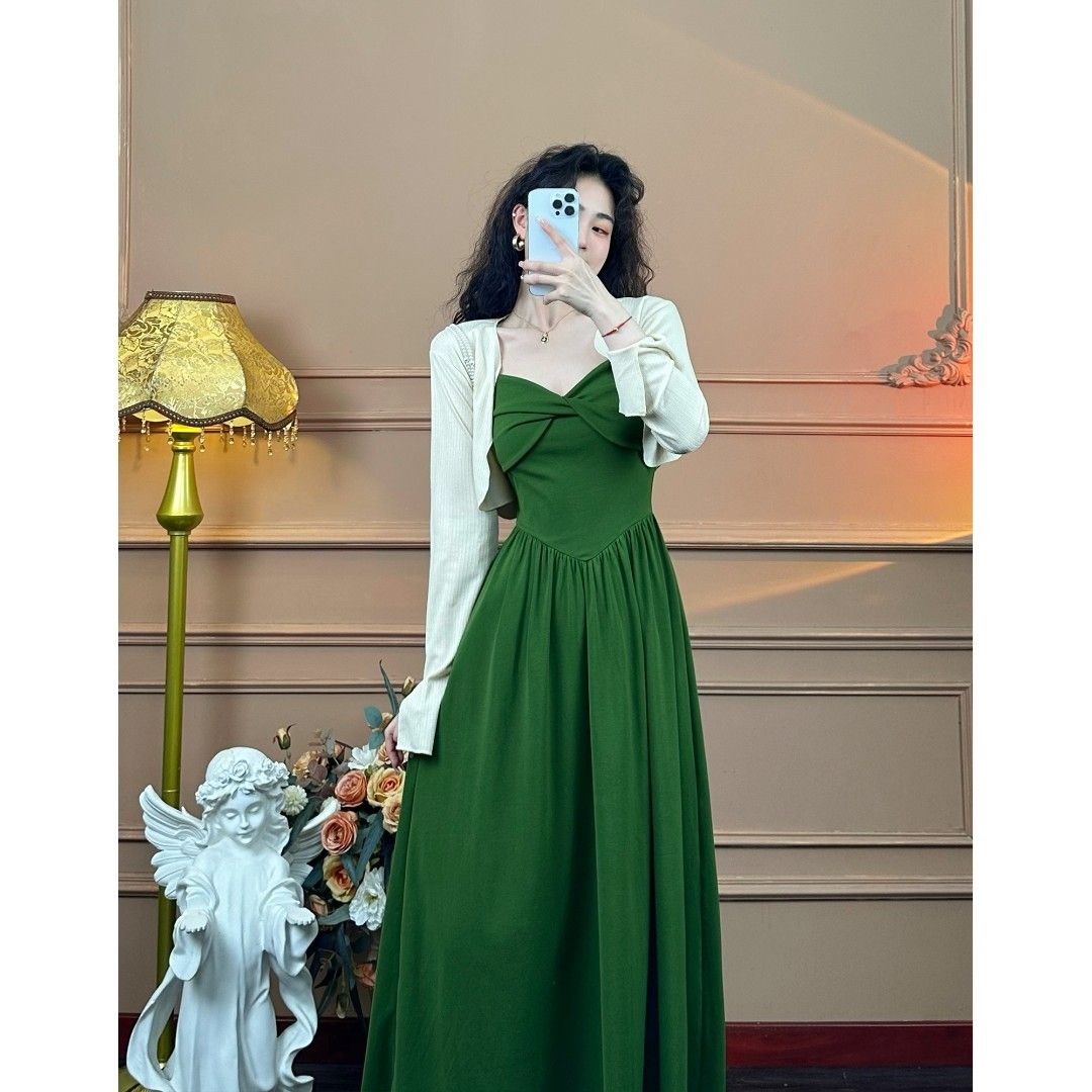 Mrs. Xiao [Green Mood] Suspenders Niche Retro French Temperament Design Sense of Suspenders Dress Summer