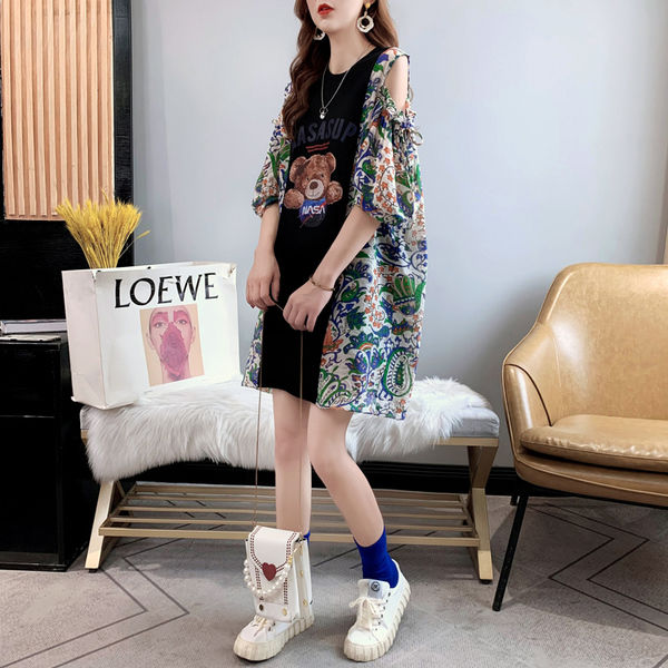 Summer new large size women's off-the-shoulder print mid-length loose short-sleeved t-shirt women's top 200 catties 300 fat mm