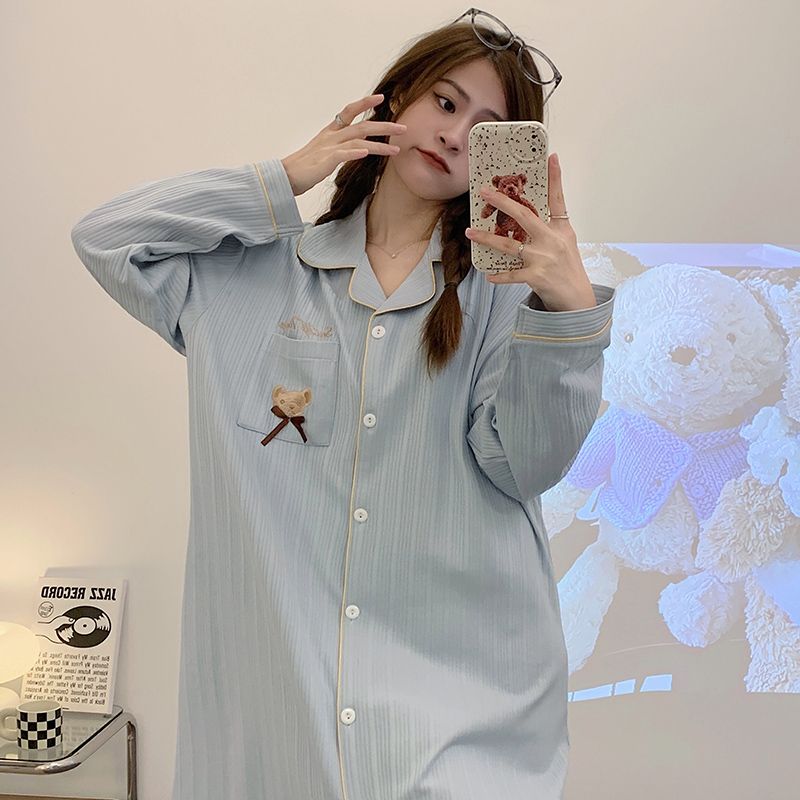 Nightdress pajamas women's spring and autumn cotton long-sleeved 2023 new cardigan cute student winter home service can be worn outside