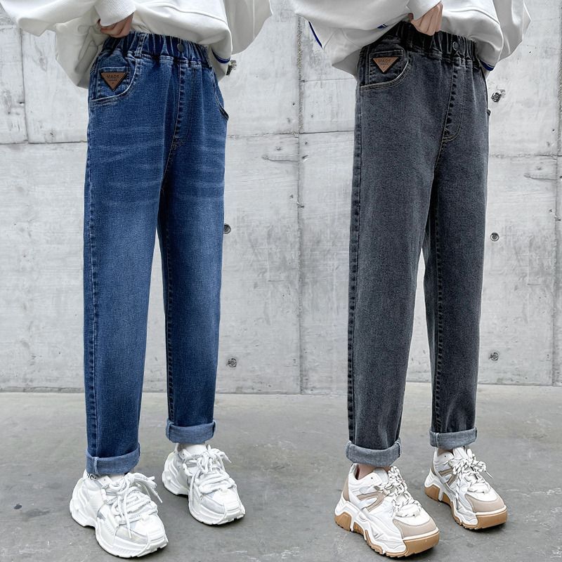 女童牛仔褲春秋2023新款兒童裝褲子小學生哈倫褲中大童寬鬆休閒褲