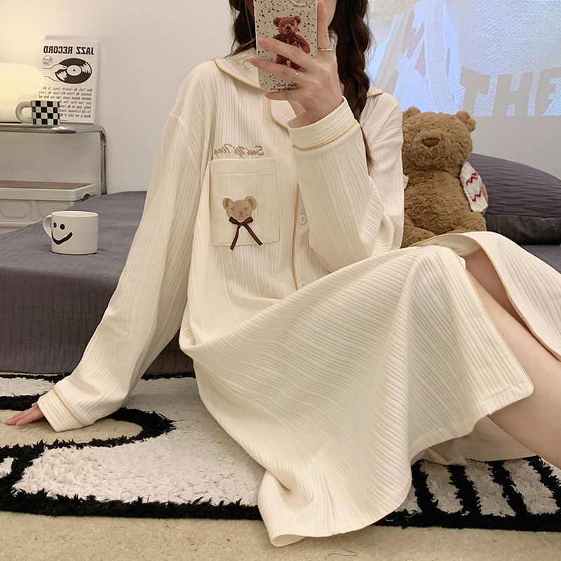 Nightdress pajamas women's spring and autumn cotton long-sleeved 2023 new cardigan cute student winter home service can be worn outside