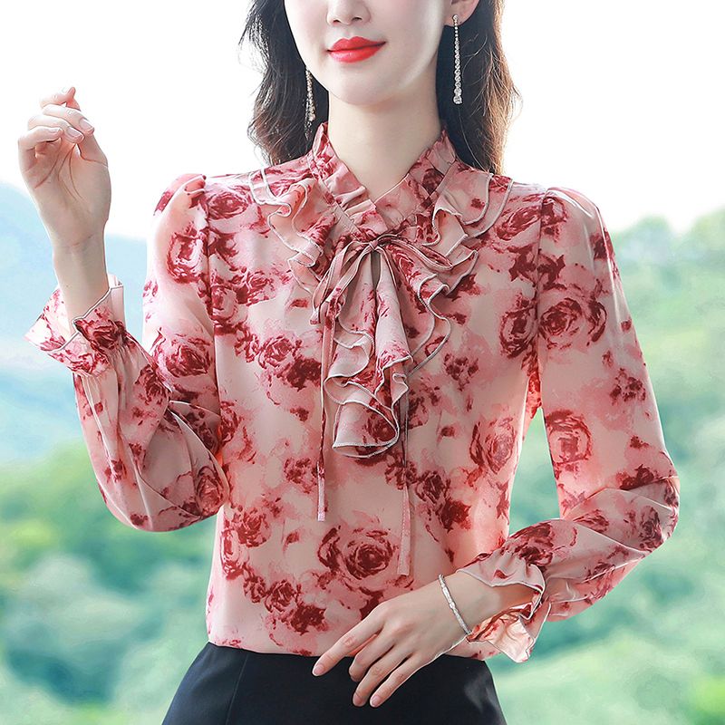 2023春季新款洋氣荷葉邊系帶碎花長袖女裝上衣雪紡襯衫百搭小衫