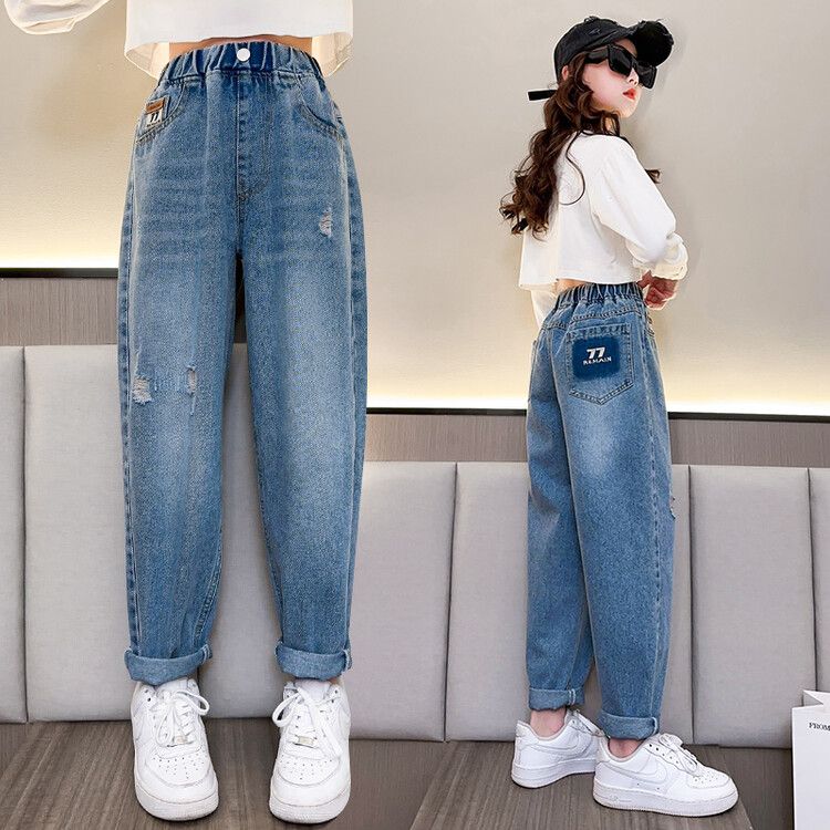 女童春款休閒牛仔褲2023新款春秋女孩中大童彈力寬鬆兒童學生長褲