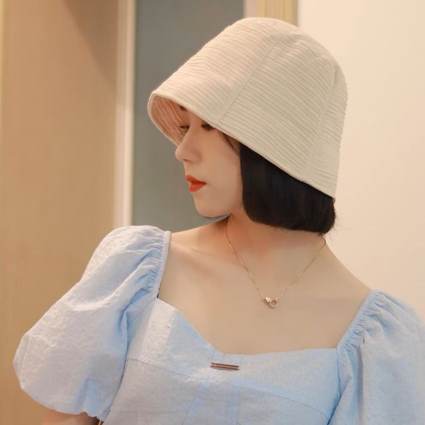Wrinkle niche design sense bucket hat female summer plain face fisherman hat show face small ins net red spring and autumn