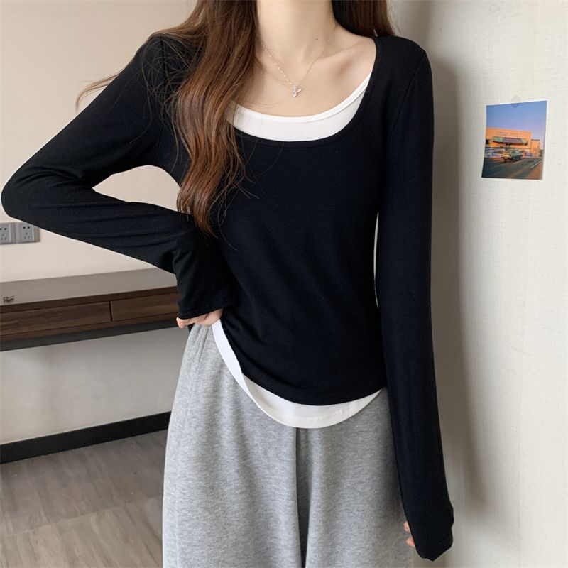 Fake two-piece long-sleeved T-shirt for women's spring new style niche design slim fit unique unique bottoming shirt top