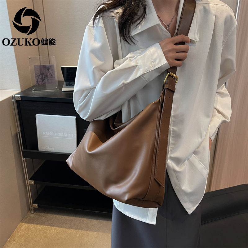 健能包包女大容量單肩斜挎包純色軟塌高級質感通勤2023新款軟面