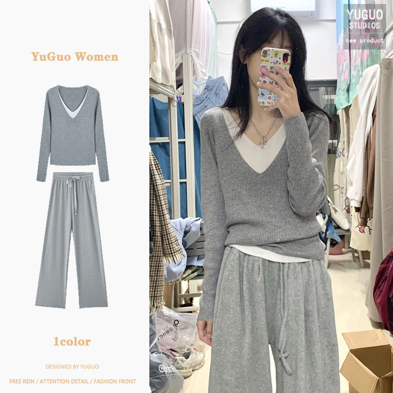 2023 spring high-end salt-based light mature lazy sweater top casual sports wide-leg pants two-piece suit for women
