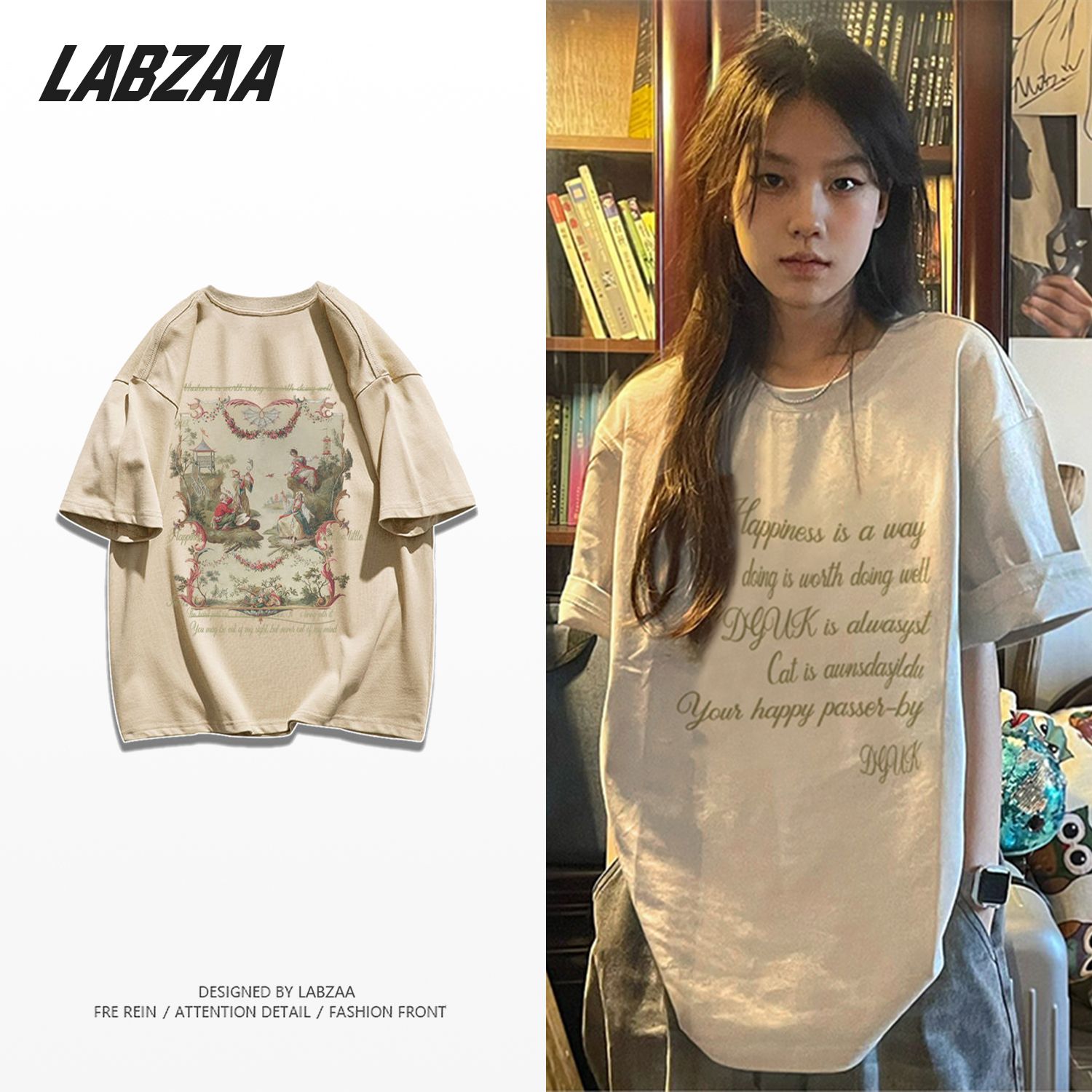 LABZAA cotton vintage American retro niche design short-sleeved T-shirt female summer loose couple tops