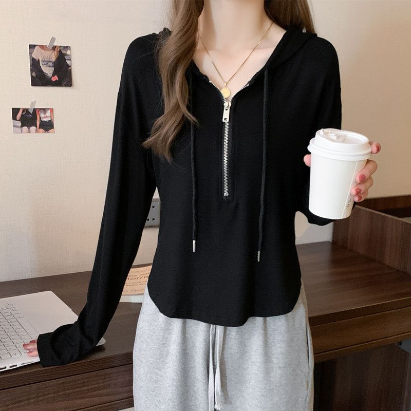 Large size women's irregular hooded long-sleeved T-shirt bottoming shirt women's spring and autumn fat mm slim belly cover top 200 catties tide