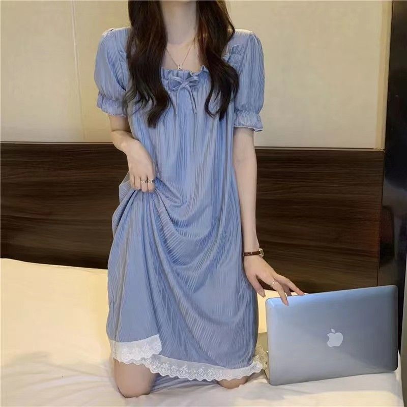 Princess style mid-length nightdress women's summer  new thin section slimming lace lace short-sleeved home clothes
