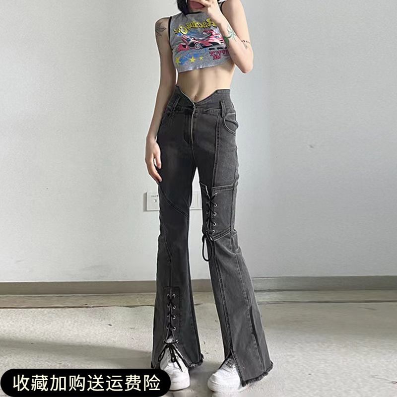 美式開叉微喇叭牛仔褲女春秋新款綁帶高腰辣妹顯瘦直筒設計感褲子