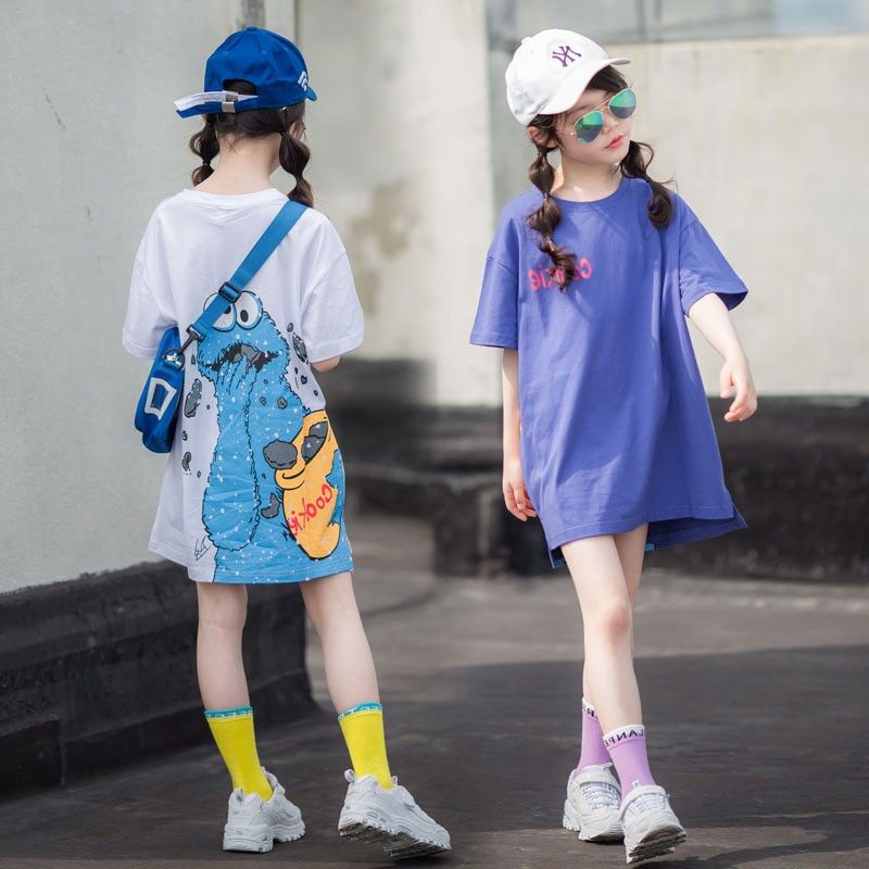 純棉女童中長款T恤2023夏裝新款中大兒童夏季女孩洋氣短袖連衣裙