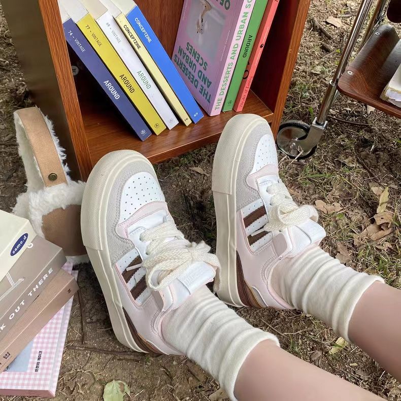 Pink thick-soled sneakers women's  spring new niche design students Korean version of the small white shoes American bread shoes