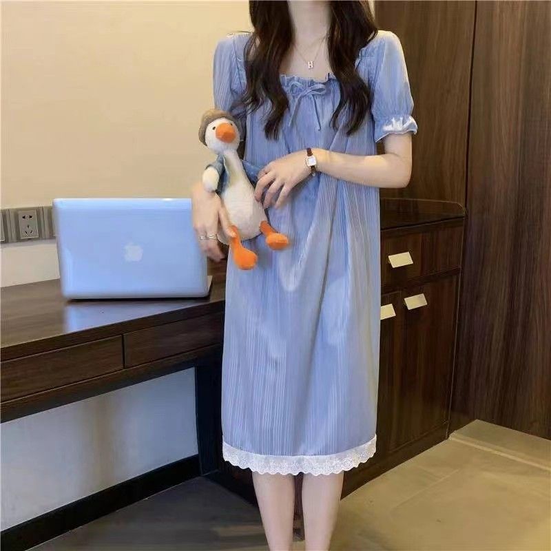 Princess style mid-length nightdress women's summer 2023 new thin section slimming lace lace short-sleeved home clothes