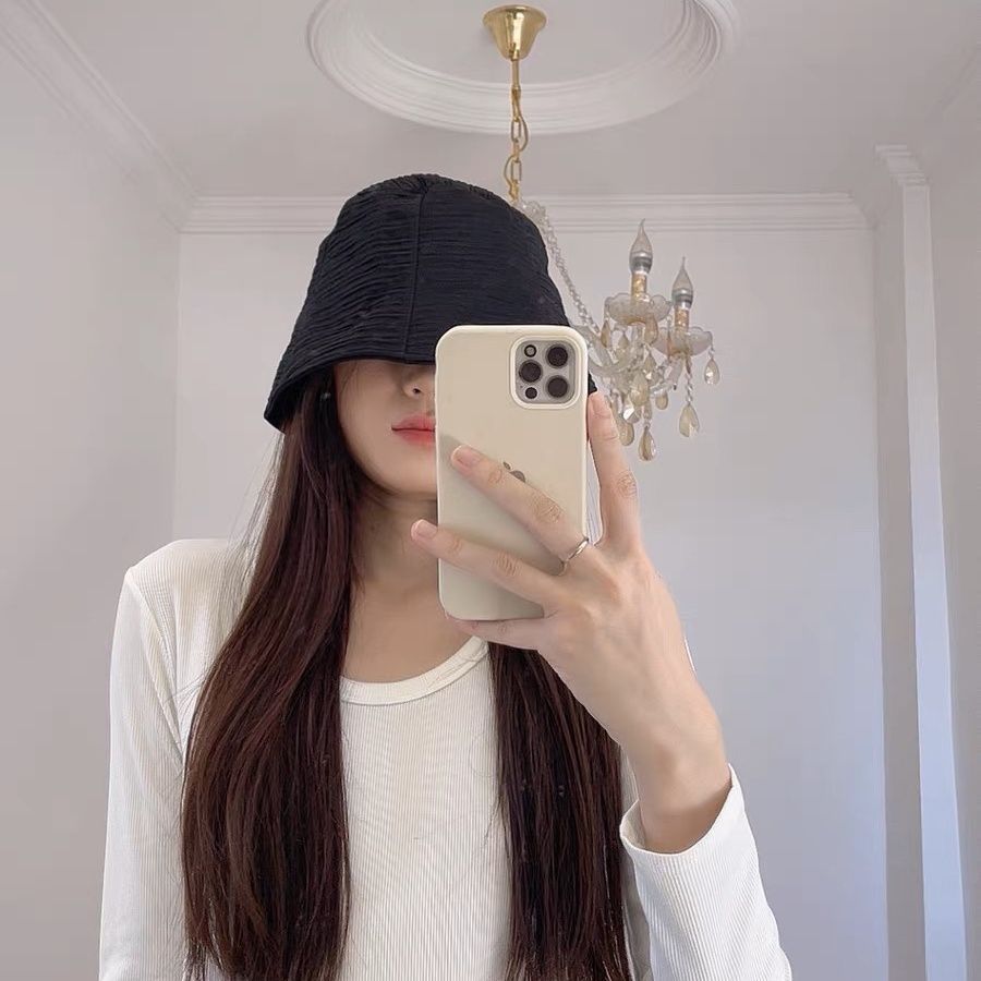 Wrinkle niche design sense bucket hat female summer plain face fisherman hat show face small ins net red spring and autumn