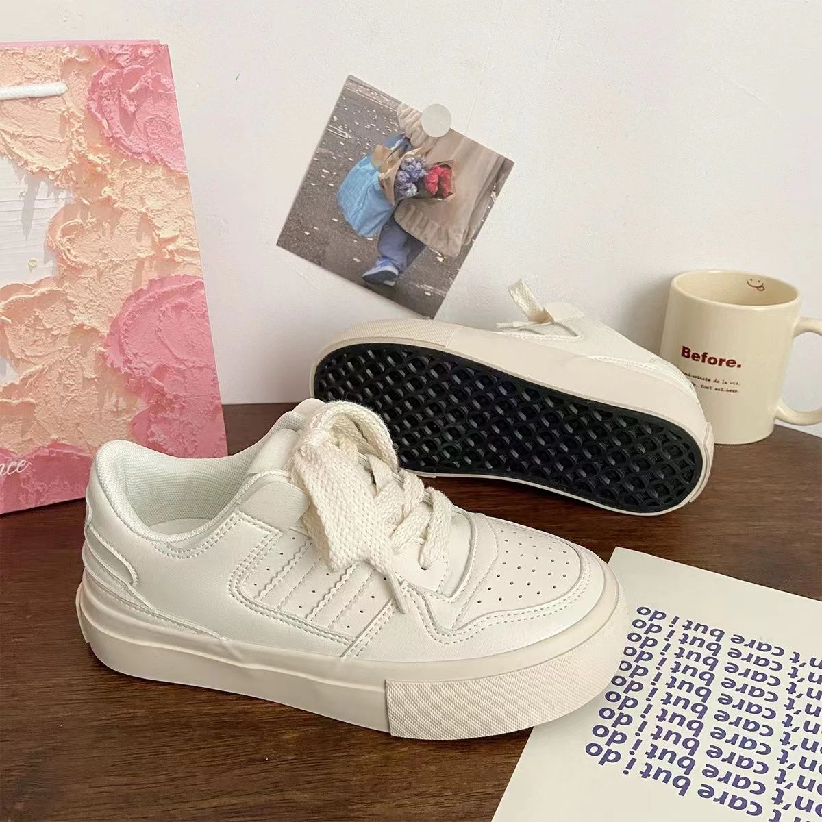 Pink thick-soled sneakers women's  spring new niche design students Korean version of the small white shoes American bread shoes