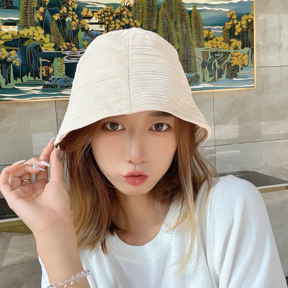 Spring and summer new pleated fisherman hat women's sunshade bucket hat travel sun protection all-match foldable basin hat net red style