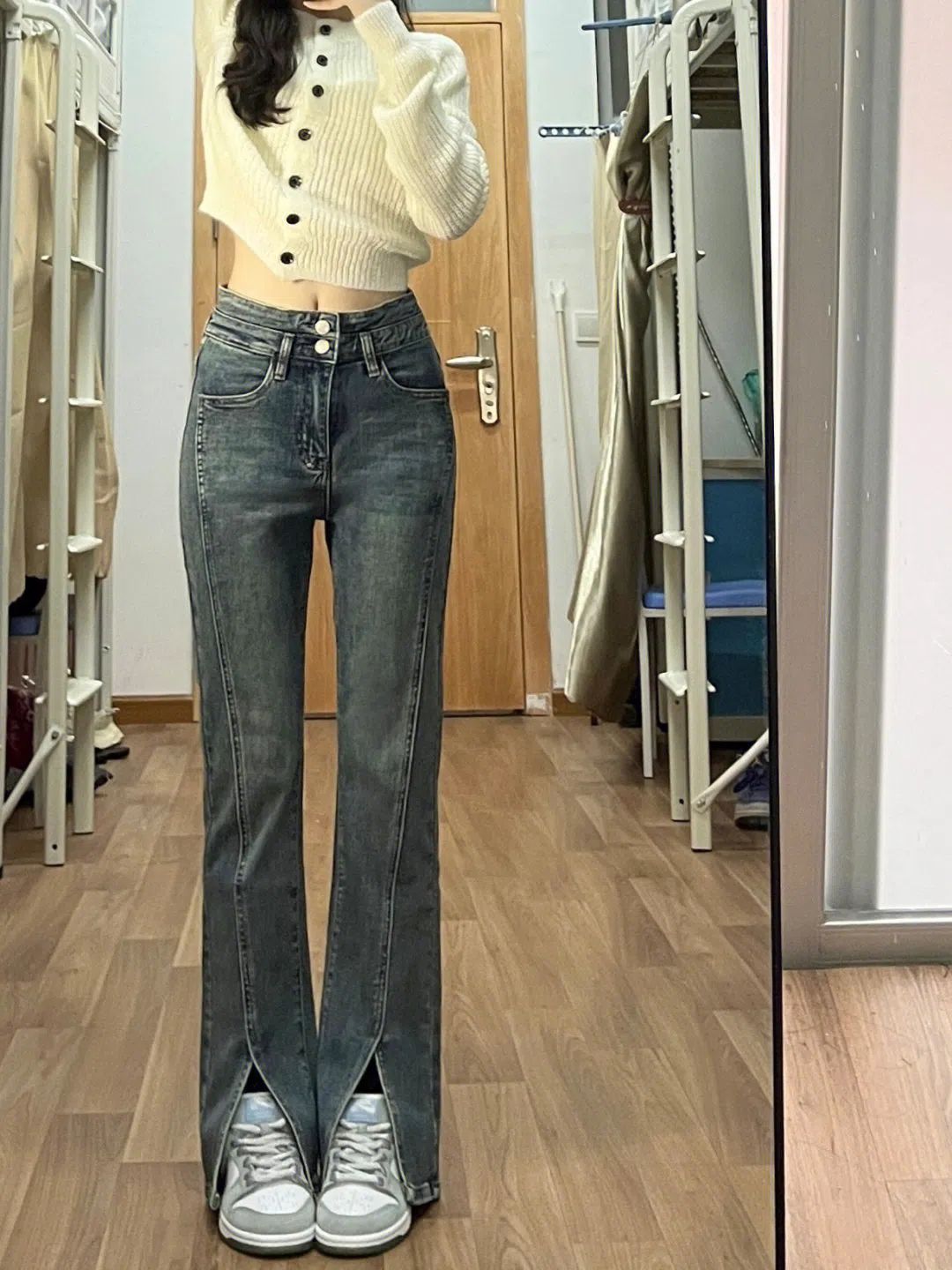 大碼胖mm美式復古開叉微喇叭牛仔褲女梨型身材遮跨顯瘦直筒長褲子