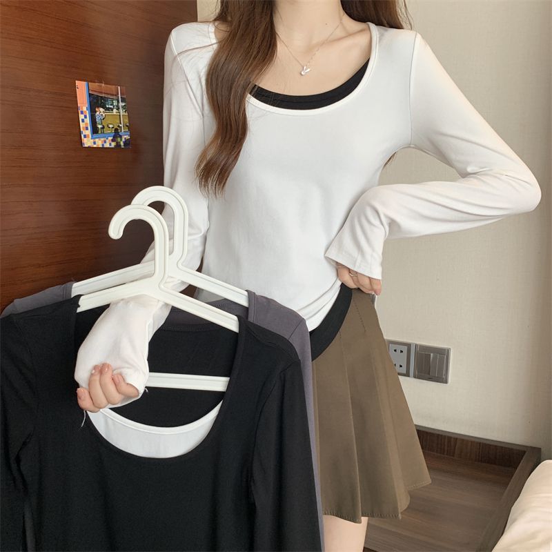 Fake two-piece long-sleeved T-shirt for women's spring new style niche design slim fit unique unique bottoming shirt top