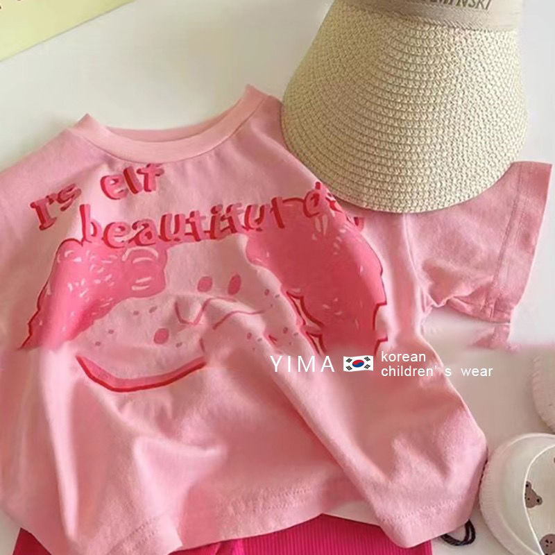 Ins style Korean children's clothing girls summer suit foreign style baby pink short-sleeved t-shirt shorts children's two-piece tide